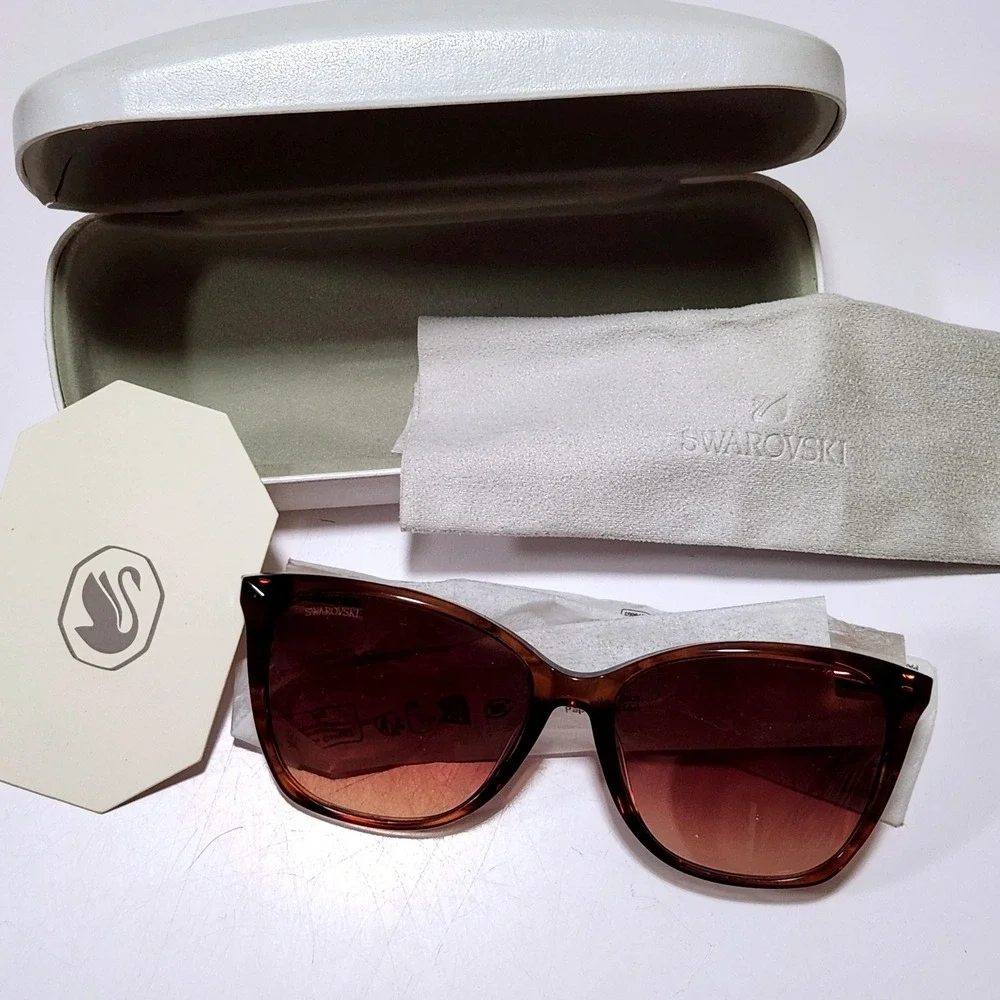 Swarovski Brown Tortoiseshell Cat Eye Sunglasses with Crystal Temples and Case